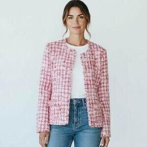 Nanette Lepore Women’s Medium Pink Tweed Fringe Open Front Jacket NWT